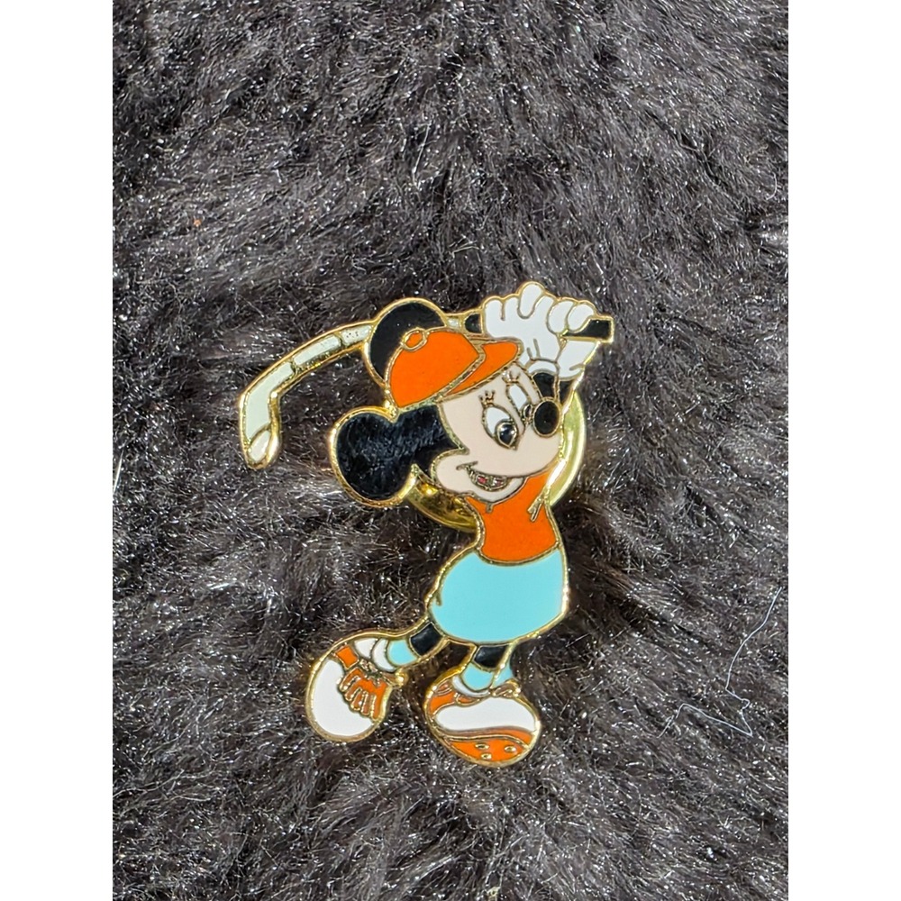 Disney Minnie Mouse Golfing Enamel Pin Orange Teal Gold Tone Collectible